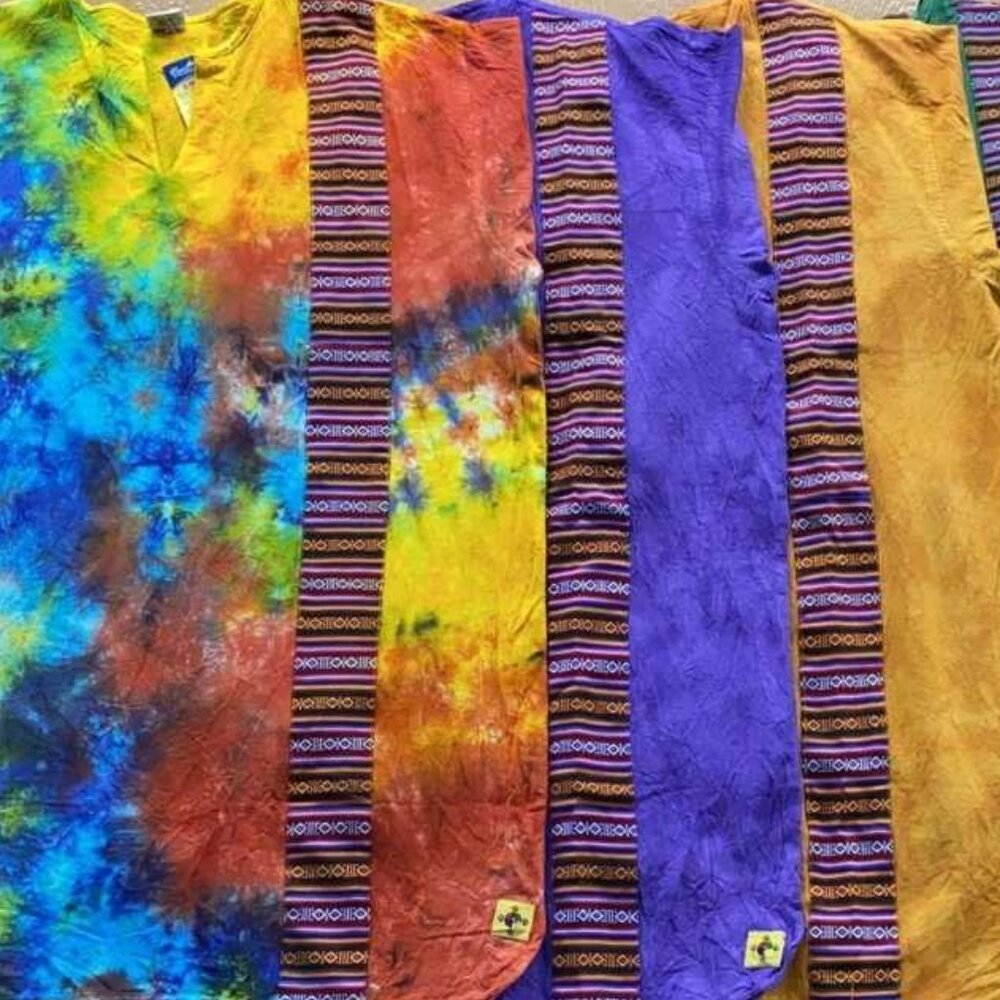 Cotton Bhutani Trim Long-Sleeve V-Neck Tunic - Tie-Dye (Multicolor)